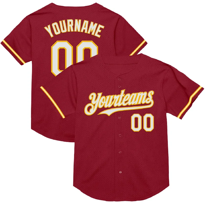 Baseball Jersey for All-Weather Game-Day Comfort-Custom Maroon White-Gold Mesh Authentic Throwback Baseball Jersey