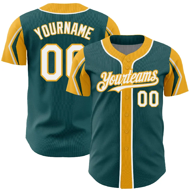 Baseball Jersey for Great Movement During Batting-Custom Midnight Green White-Gold 3 Colors Arm Shapes Authentic Baseball Jersey