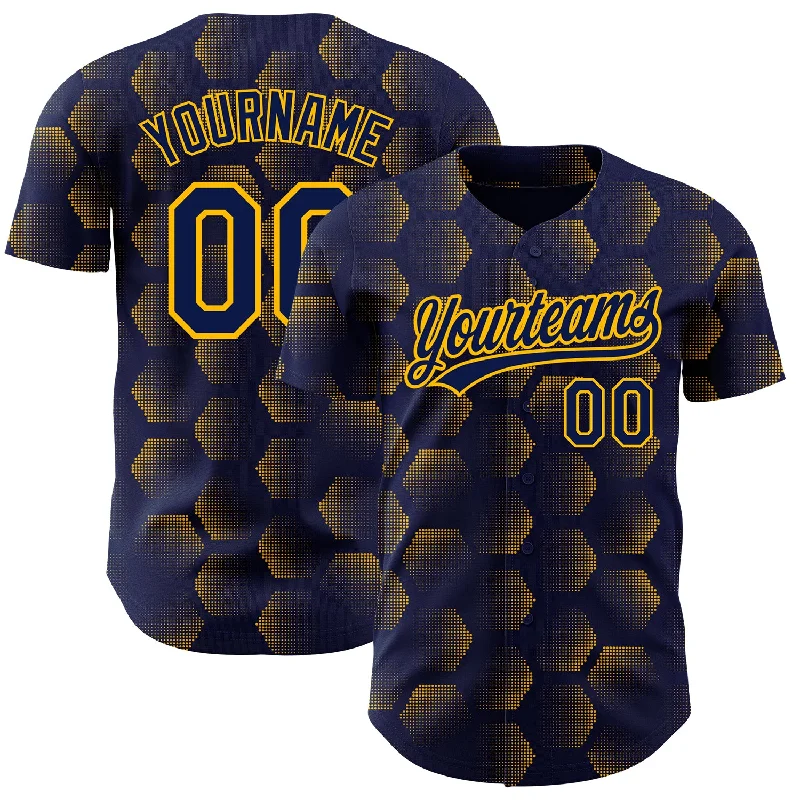 Baseball Jersey with Performance Technology for Comfort-Custom Navy Gold 3D Pattern Design Halftone Geometric Shapes Authentic Baseball Jersey