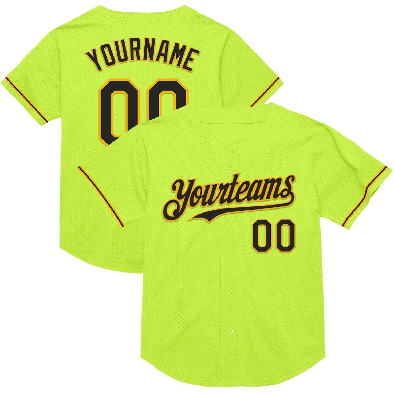 High-Quality Baseball Jersey for Performance-Custom Neon Green Black-Gold Mesh Authentic Throwback Baseball Jersey