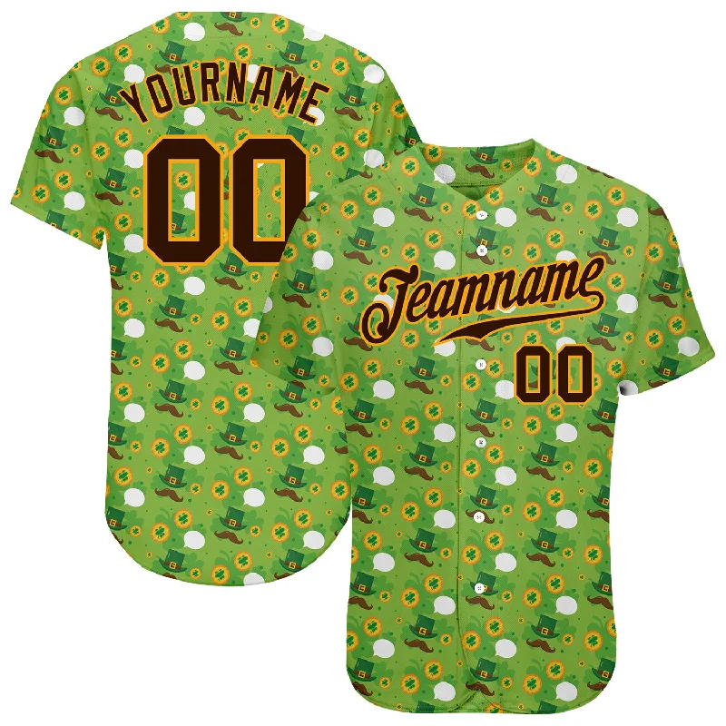 Baseball Jersey with Soft Fabric for Comfortable Play-Custom Neon Green Brown-Gold 3D Pattern Design Authentic St. Patrick's Day Baseball Jersey