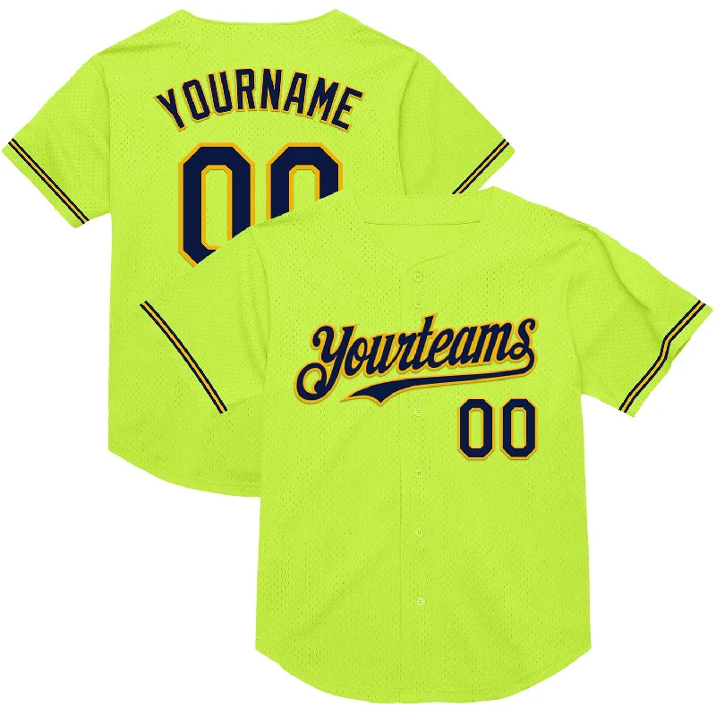 Best Baseball Jersey for Hot Weather-Custom Neon Green Navy-Gold Mesh Authentic Throwback Baseball Jersey