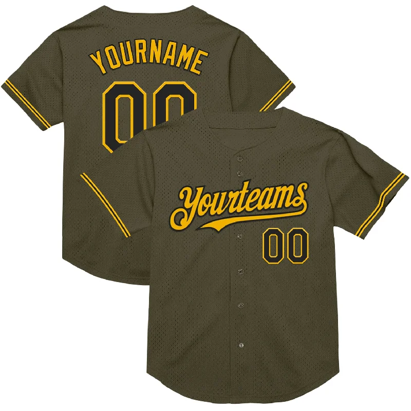 Baseball Jersey for Full Range of Motion-Custom Olive Black-Gold Mesh Authentic Throwback Salute To Service Baseball Jersey