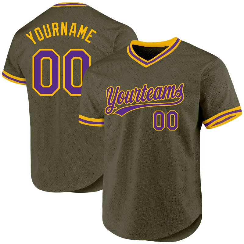 Baseball Jersey for Easy Care and Durability-Custom Olive Purple-Gold Authentic Throwback Salute To Service Baseball Jersey