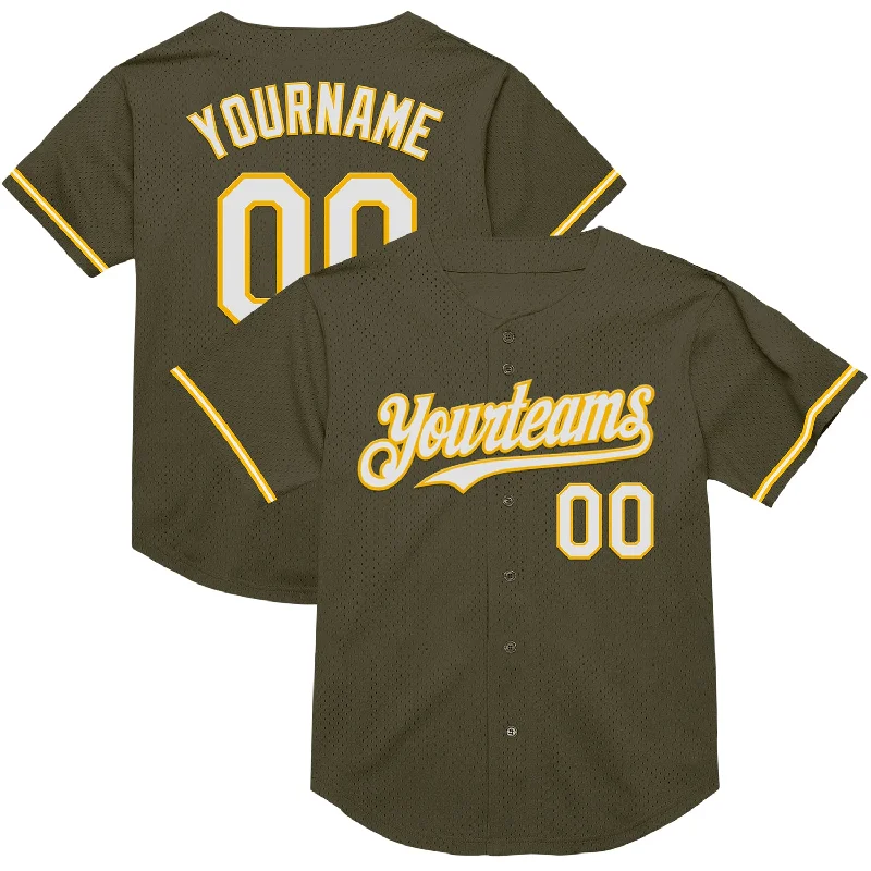 Baseball Jersey for Support and Flexibility-Custom Olive White-Gold Mesh Authentic Throwback Salute To Service Baseball Jersey