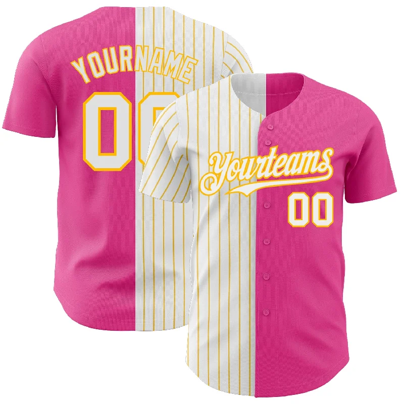 Baseball Jersey for High-Endurance Play-Custom Pink White-Gold Pinstripe Authentic Split Fashion Baseball Jersey