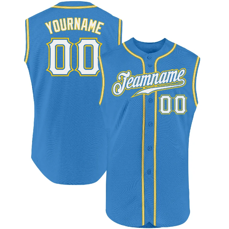 Baseball Jersey for Excellent Freedom of Movement-Custom Powder Blue White-Gold Authentic Sleeveless Baseball Jersey