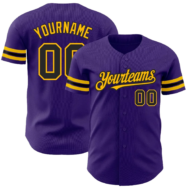 Baseball Jersey with Vented Panels for Cooling-Custom Purple Black-Gold Authentic Baseball Jersey