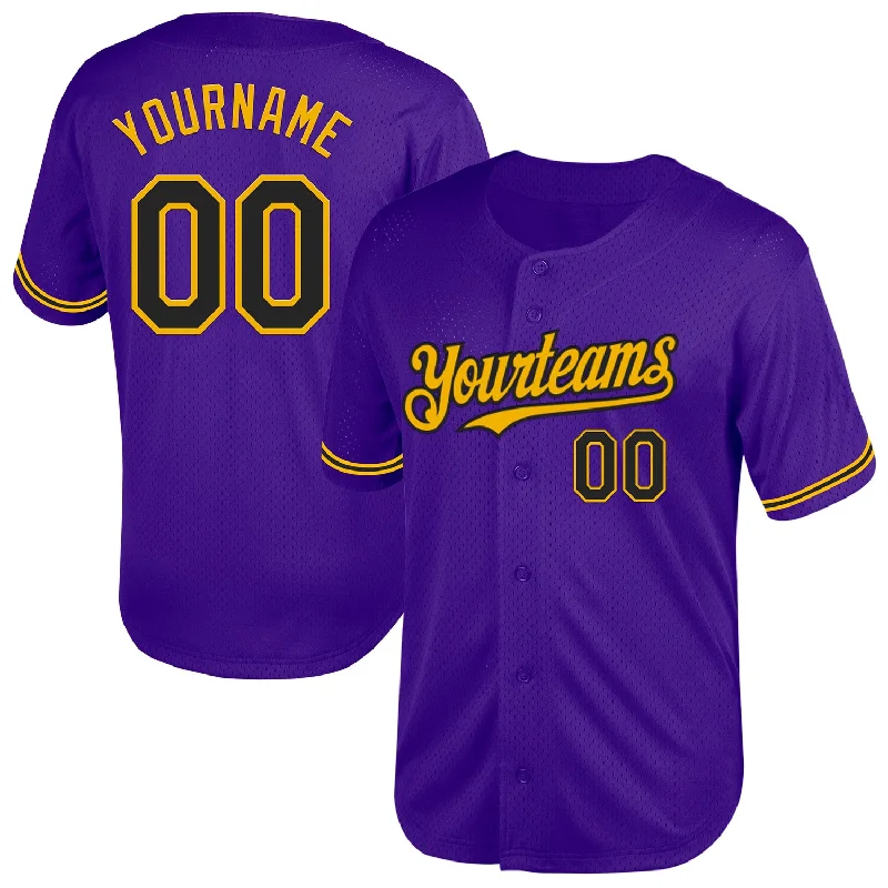 Baseball Jersey for Youth and Adult Players-Custom Purple Black-Gold Mesh Authentic Throwback Baseball Jersey