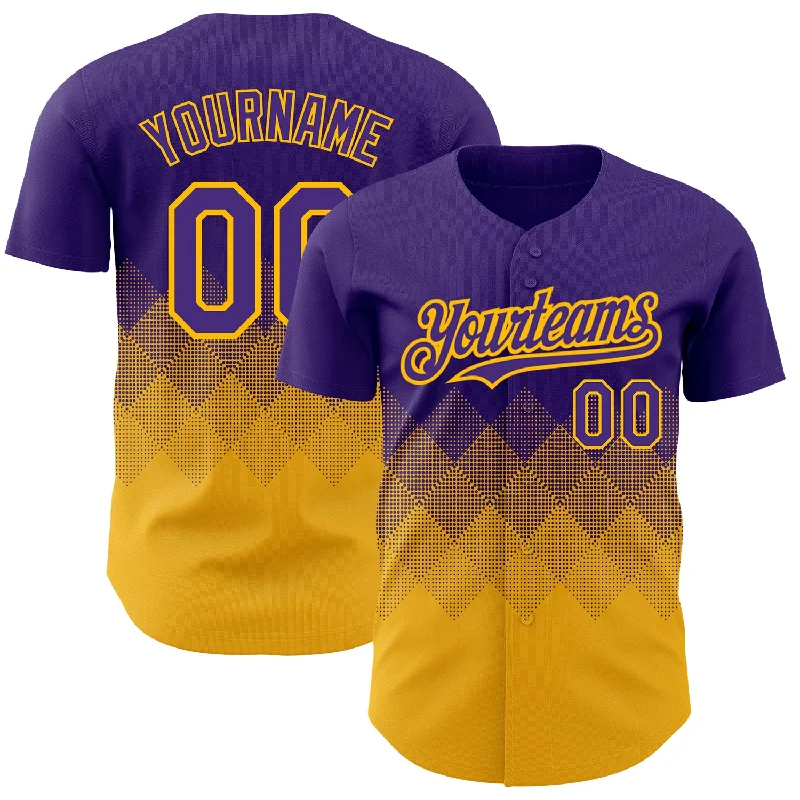 Baseball Jersey for All-Weather Play-Custom Purple Gold 3D Pattern Design Gradient Square Shapes Authentic Baseball Jersey