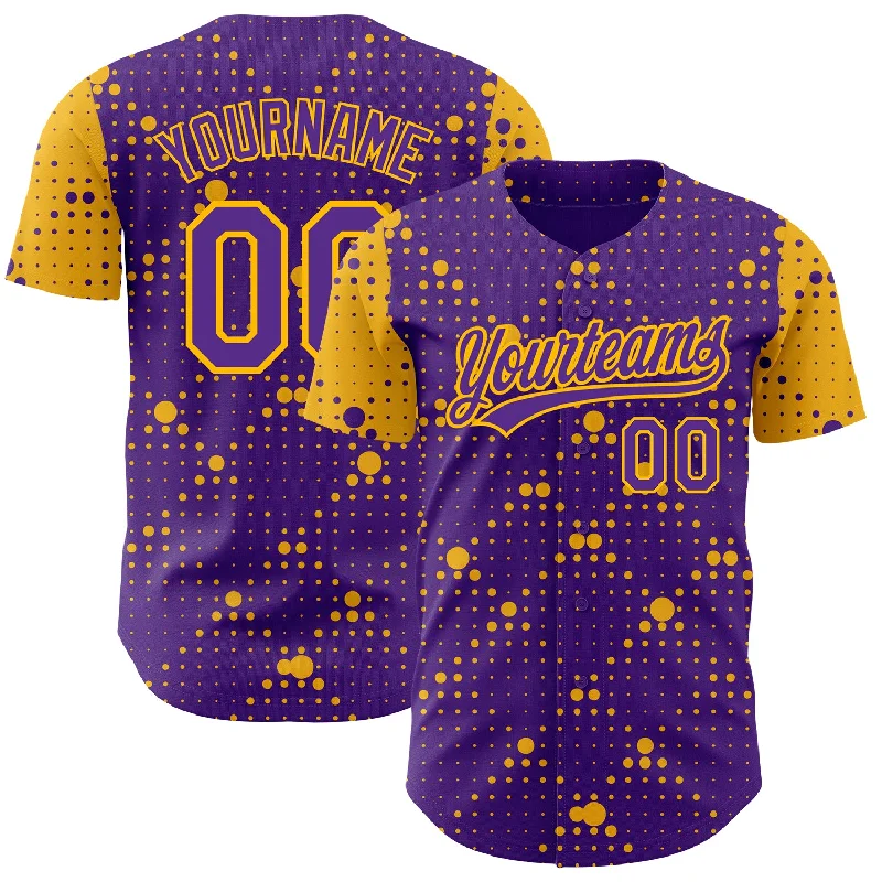 Baseball Jersey for Athletic Performance-Custom Purple Gold 3D Pattern Design Geometric Halftone Dots Authentic Baseball Jersey