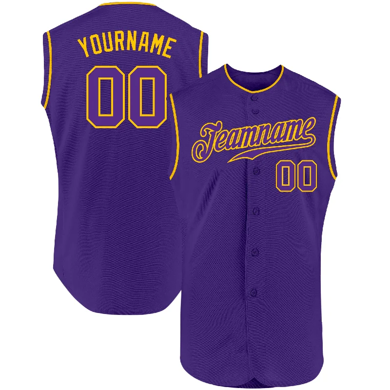 Baseball Jersey for Full Range of Motion-Custom Purple Purple-Gold Authentic Sleeveless Baseball Jersey