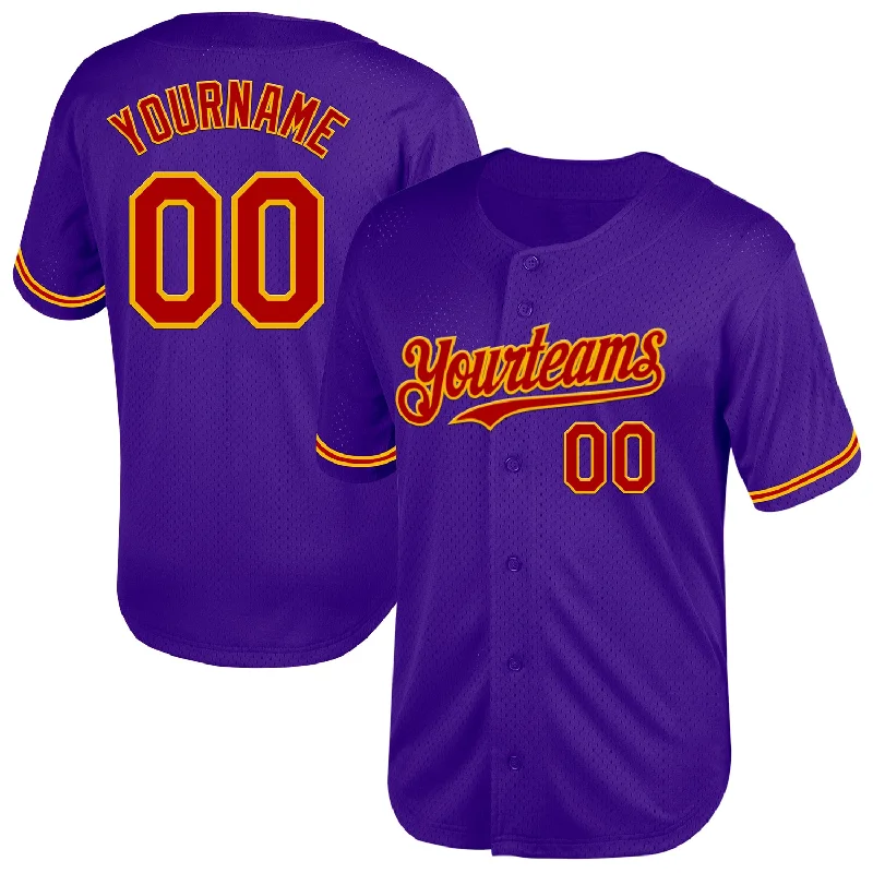 Baseball Jersey with Comfortable Fit for All Positions-Custom Purple Red-Gold Mesh Authentic Throwback Baseball Jersey