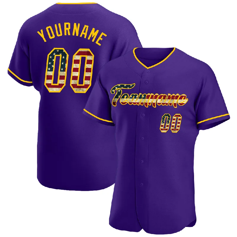 Baseball Jersey for Outdoor and Indoor Games-Custom Purple Vintage USA Flag-Gold Authentic Baseball Jersey