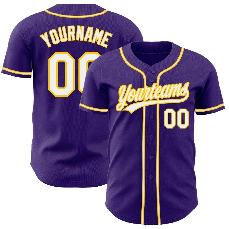 Baseball Jersey for Better Fit and Movement on the Field-Custom Purple White-Gold Authentic Baseball Jersey