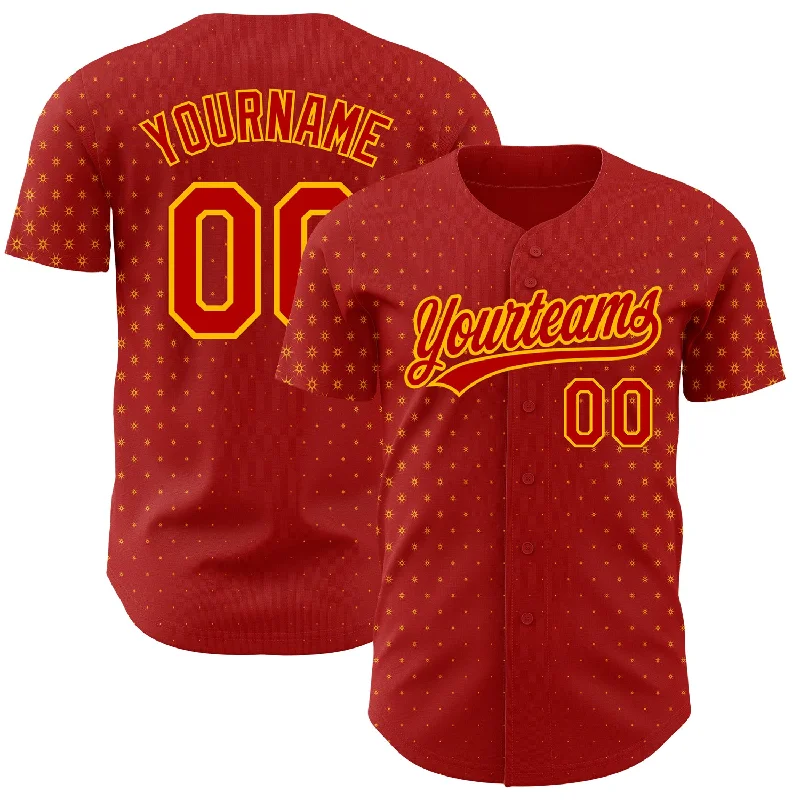 Baseball Jersey for Quick-Drying and Comfortable Play-Custom Red Gold 3D Pattern Design Geometric Stars Authentic Baseball Jersey