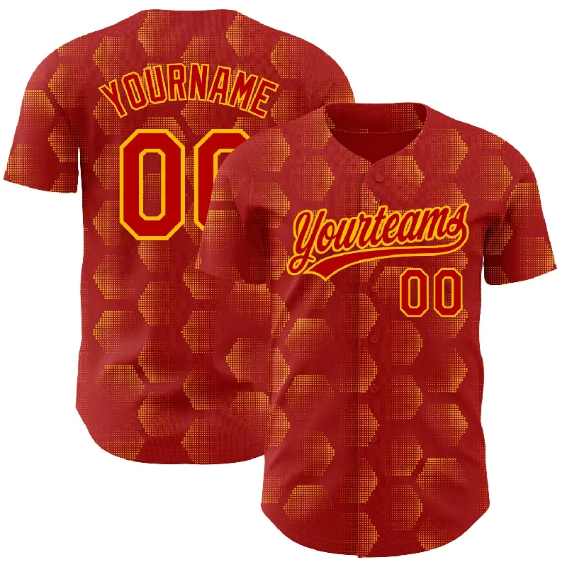 Baseball Jersey for Fast, Efficient Performance-Custom Red Gold 3D Pattern Design Halftone Geometric Shapes Authentic Baseball Jersey