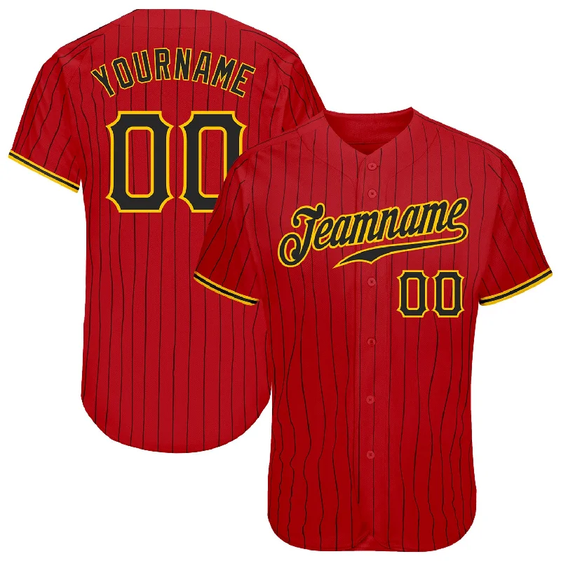 Baseball Jersey with Stretch for Better Fit and Movement-Custom Red Black Pinstripe Black-Gold Authentic Baseball Jersey