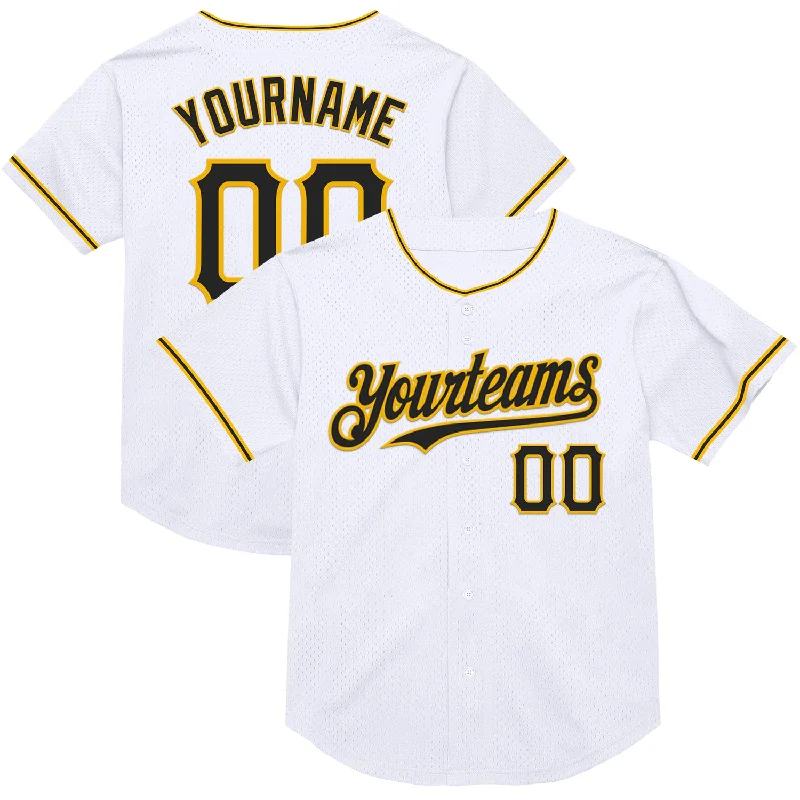 Baseball Jersey with Breathable Mesh for Ventilation-Custom White Black-Gold Mesh Authentic Throwback Baseball Jersey