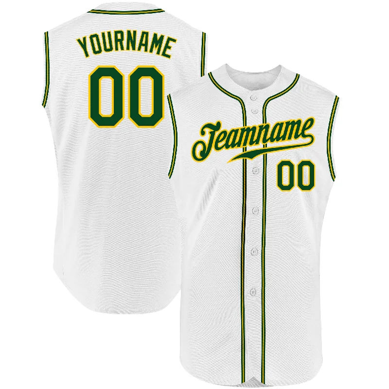 Baseball Jersey for All Ages and Sizes-Custom White Green-Gold Authentic Sleeveless Baseball Jersey