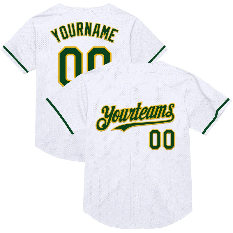 Baseball Jersey for Professional-Quality Fabric and Design-Custom White Green-Gold Mesh Authentic Throwback Baseball Jersey