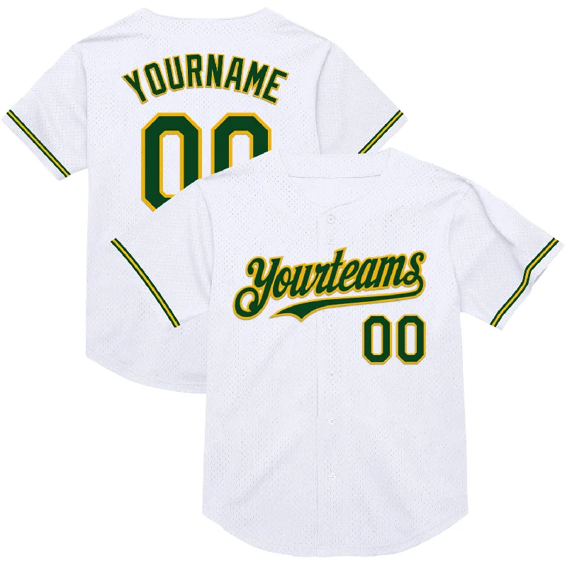 Baseball Jersey with Stretchable Fabric for Comfort-Custom White Green-Gold Mesh Authentic Throwback Baseball Jersey