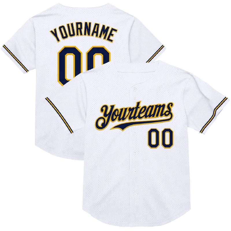 Baseball Jersey for High-Speed Performance-Custom White Navy-Gold Mesh Authentic Throwback Baseball Jersey