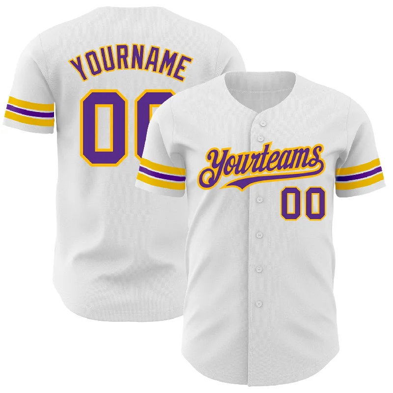 Baseball Jersey for Game Day Comfort-Custom White Purple-Gold Authentic Baseball Jersey