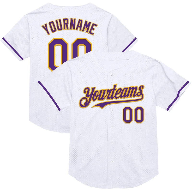 Baseball Jersey for All-Weather Game-Day Comfort-Custom White Purple-Gold Mesh Authentic Throwback Baseball Jersey