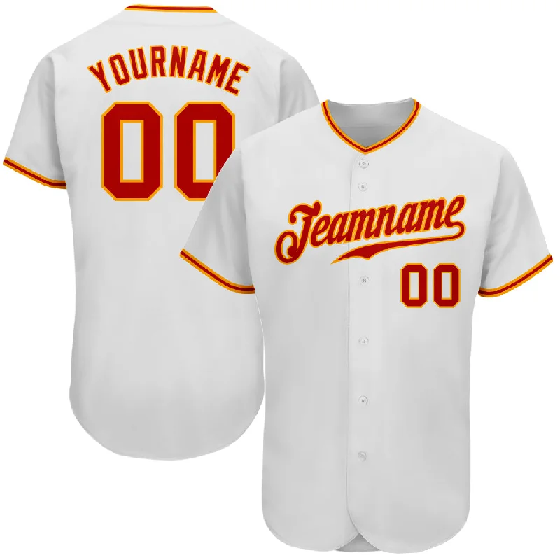 Baseball Jersey for All Ages and Sizes-Custom White Red-Gold Authentic Baseball Jersey