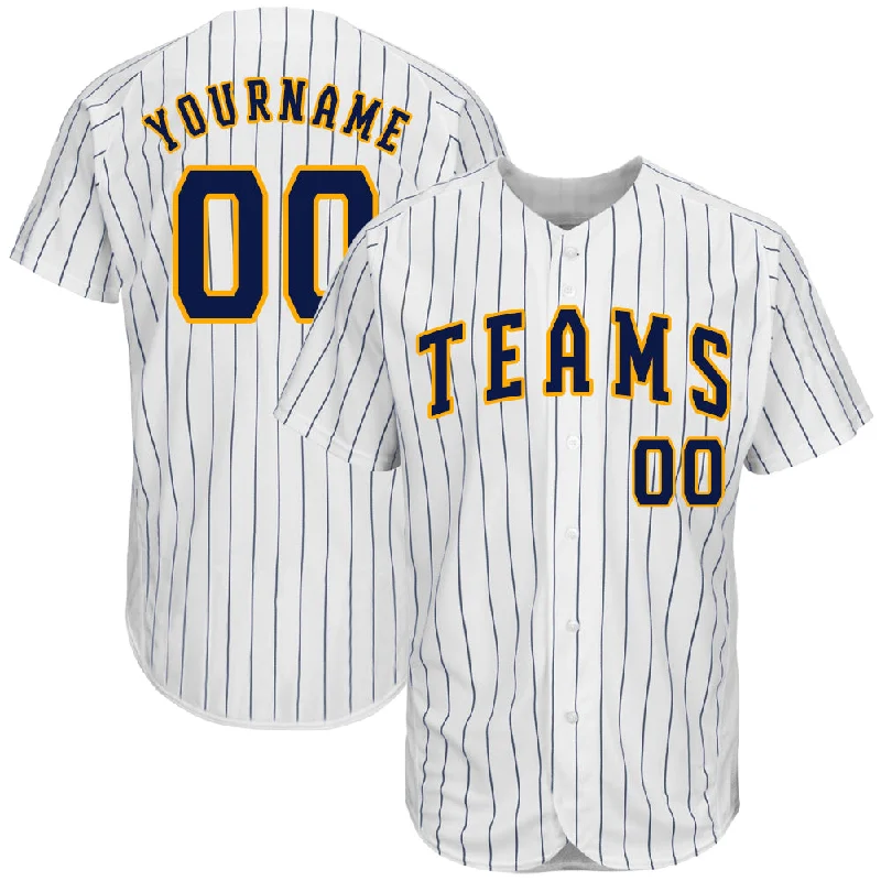 Baseball Jersey for Custom Names and Numbers-Custom White Navy Pinstripe Navy-Gold Authentic Baseball Jersey