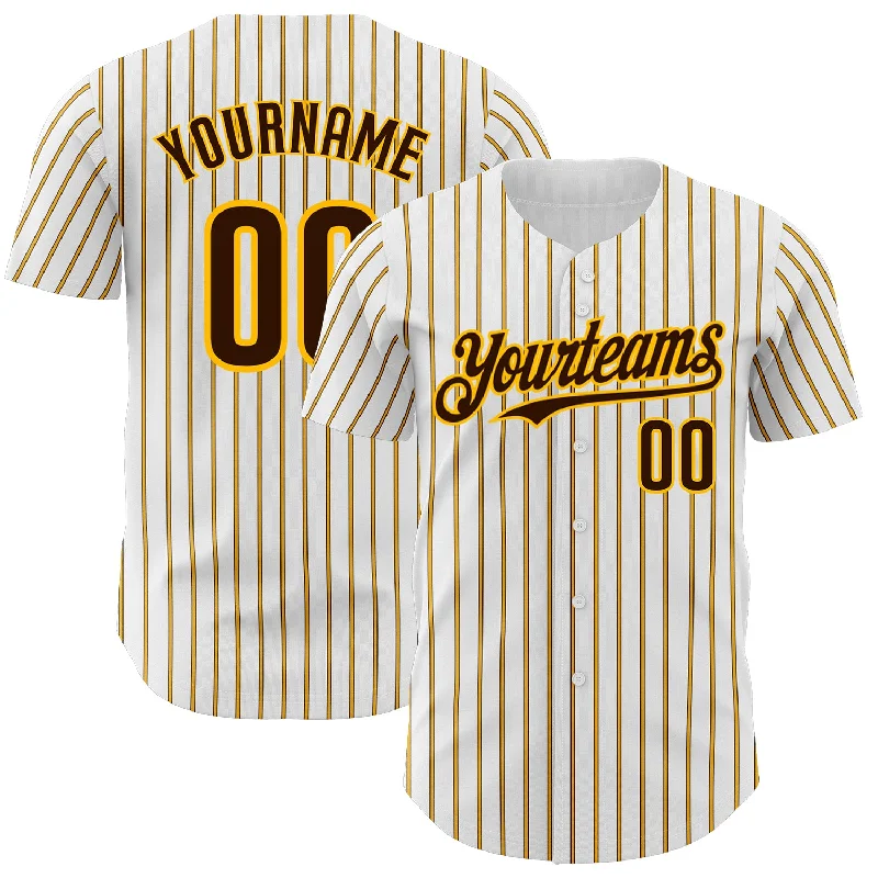 Baseball Jersey for Athletic Performance-Custom White (Brown Gold Pinstripe) Brown-Gold Authentic Baseball Jersey