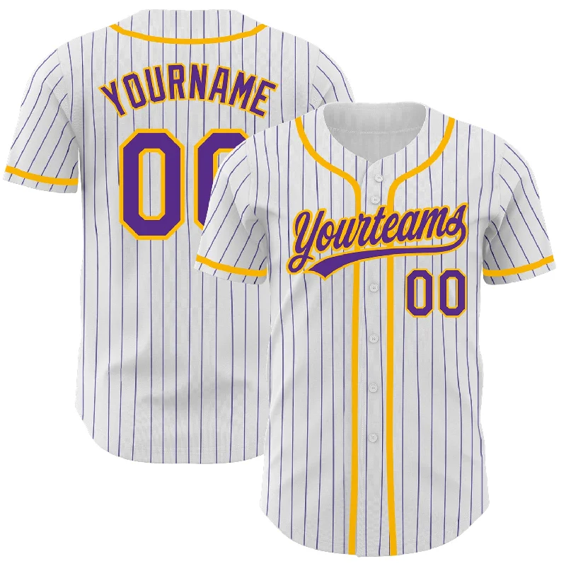 Baseball Jersey with Adjustable Fit for Custom Comfort-Custom White Purple Pinstripe Purple-Gold Authentic Baseball Jersey