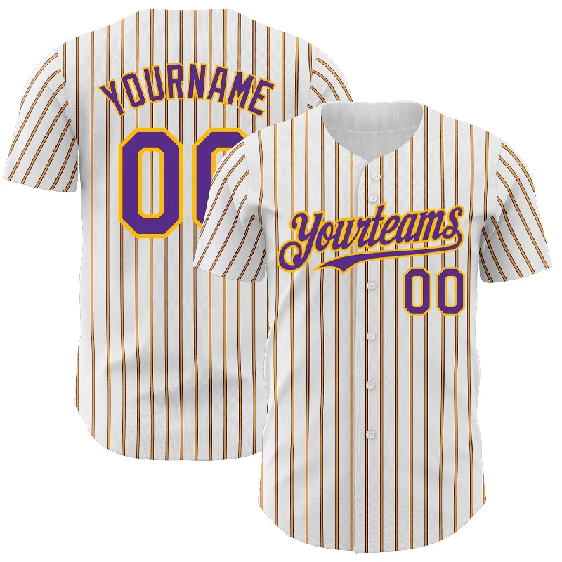 Baseball Jersey with Customizable Features-Custom White (Purple Gold Pinstripe) Purple-Gold Authentic Baseball Jersey