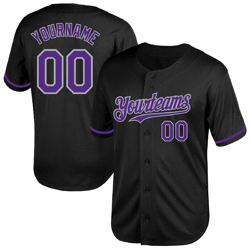 Baseball Jersey for Maximum Performance and Protection-Custom Black Purple-Gray Mesh Authentic Throwback Baseball Jersey