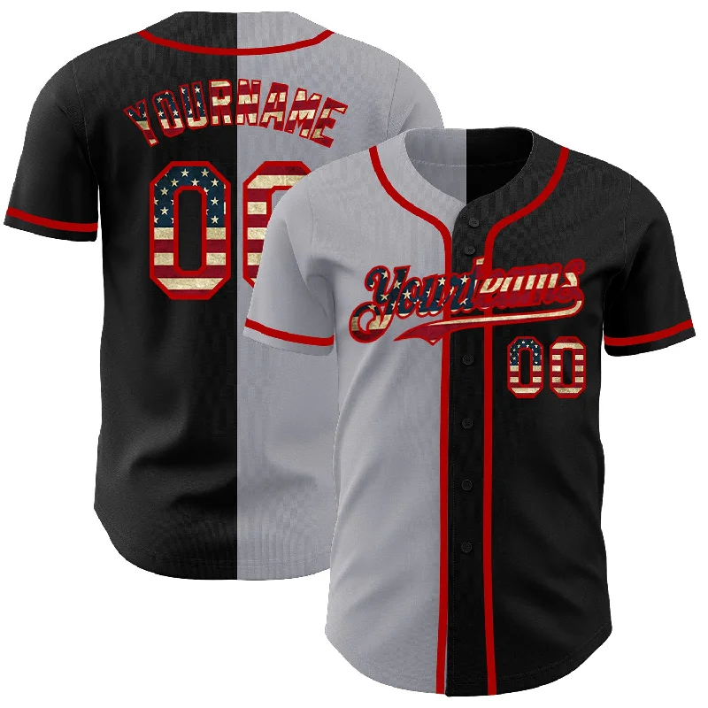 Baseball Jersey for Pro-Level Performance and Style-Custom Black Vintage USA Flag Gray-Red Authentic Split Fashion Baseball Jersey