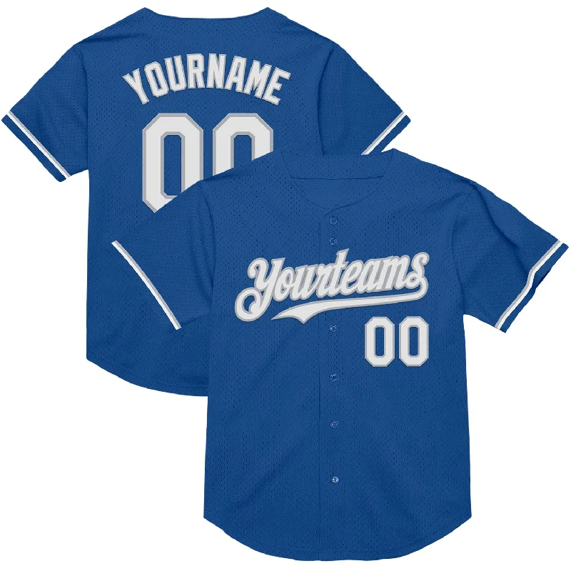 Baseball Jersey for Fast, Efficient Performance-Custom Blue White-Gray Mesh Authentic Throwback Baseball Jersey