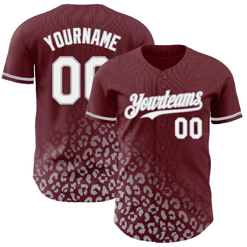 Baseball Jersey for Comfortable and Stylish Look-Custom Burgundy White-Gray 3D Pattern Design Leopard Print Fade Fashion Authentic Baseball Jersey