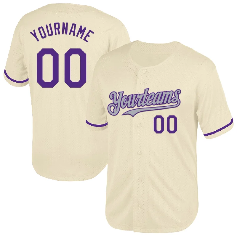 Baseball Jersey for Comfortable Fit and Optimal Performance-Custom Cream Purple-Gray Mesh Authentic Throwback Baseball Jersey