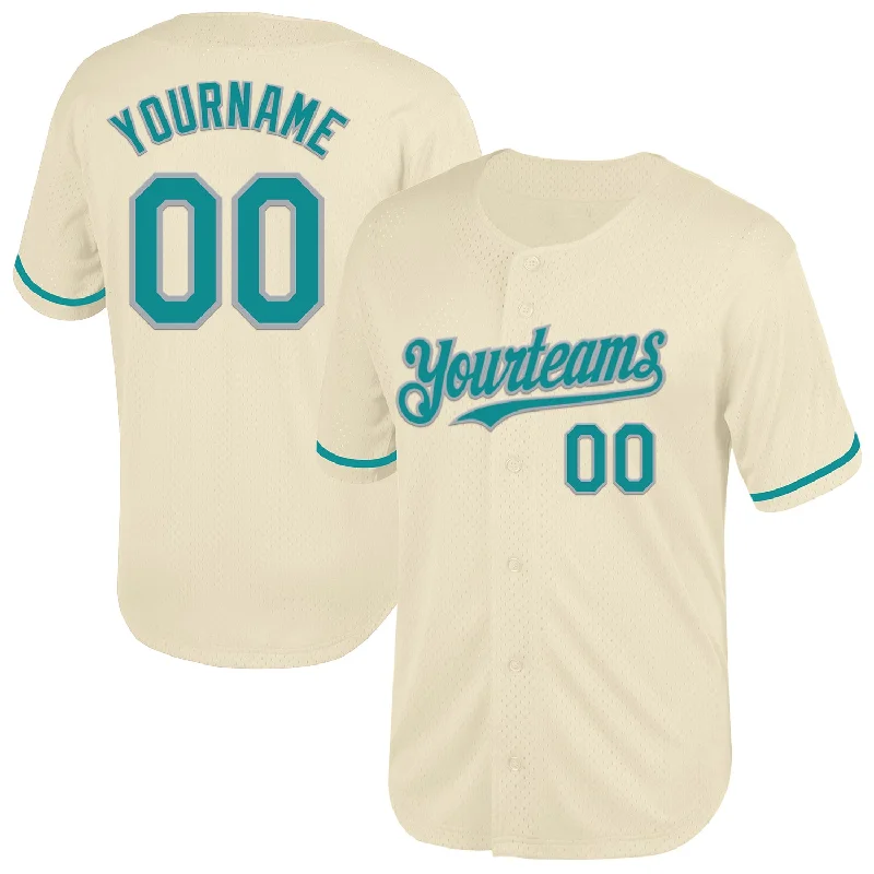 Baseball Jersey for High-Endurance Play-Custom Cream Teal-Gray Mesh Authentic Throwback Baseball Jersey