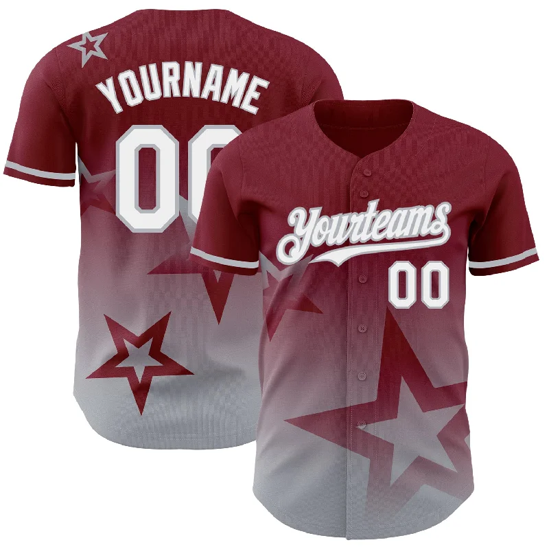 Baseball Jersey with Breathable Mesh for Ventilation-Custom Crimson White-Gray 3D Pattern Design Gradient Style Twinkle Star Authentic Baseball Jersey