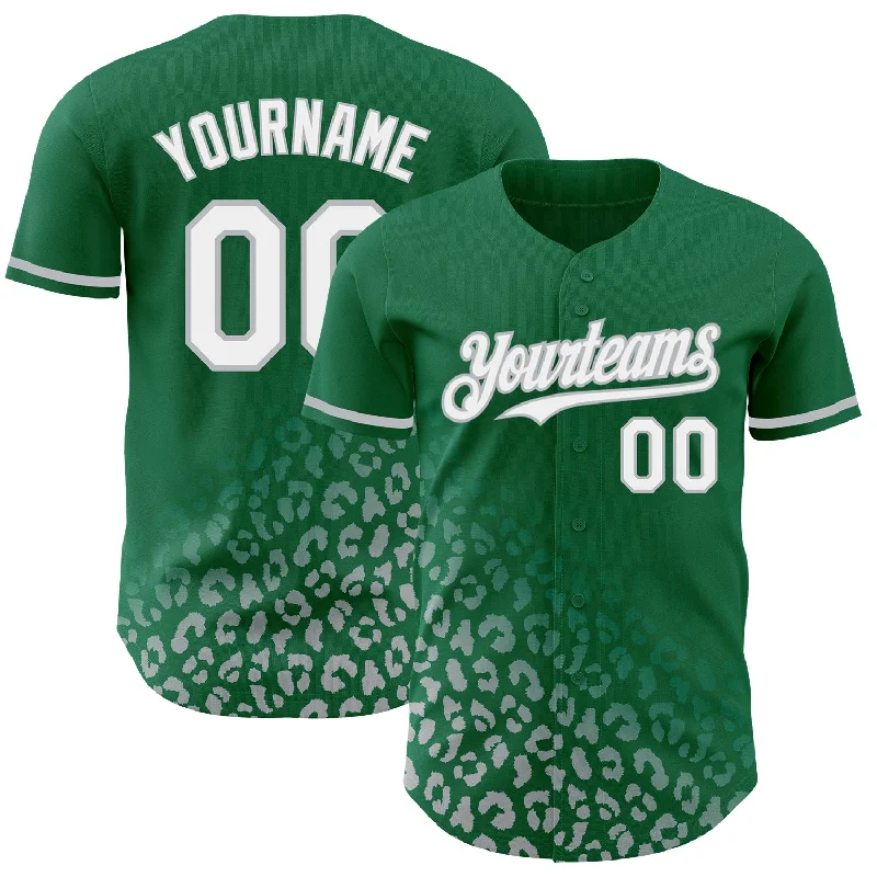 Baseball Jersey for Full Range of Motion-Custom Kelly Green White-Gray 3D Pattern Design Leopard Print Fade Fashion Authentic Baseball Jersey