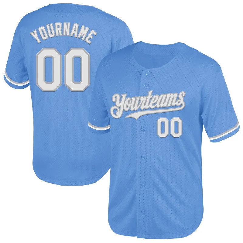 Baseball Jersey for Easy Mobility and Comfort-Custom Light Blue White-Gray Mesh Authentic Throwback Baseball Jersey