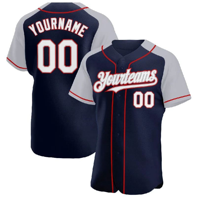 Baseball Jersey for Performance and Durability in Tough Conditions-Custom Navy White Gray-Red Authentic Raglan Sleeves Baseball Jersey