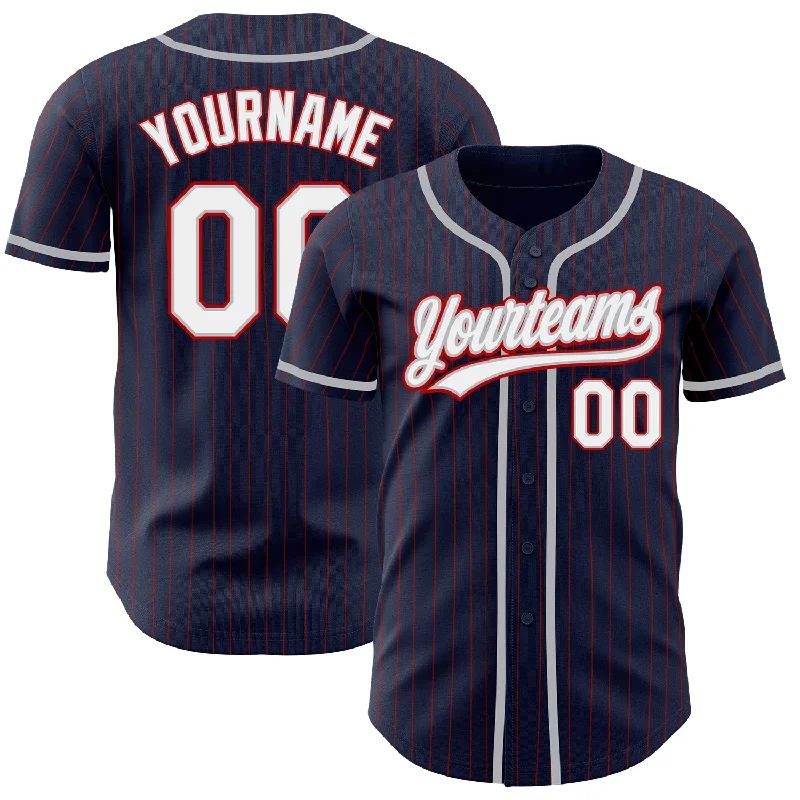 Custom Baseball Jersey for Team Uniforms-Custom Navy Red Pinstripe White-Gray Authentic Baseball Jersey