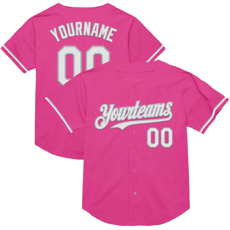 Baseball Jersey with Moisture-Wicking Technology for Comfort-Custom Pink White-Gray Mesh Authentic Throwback Baseball Jersey