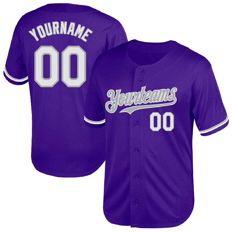 Baseball Jersey for Comfortable Fit for Batting-Custom Purple White-Gray Mesh Authentic Throwback Baseball Jersey