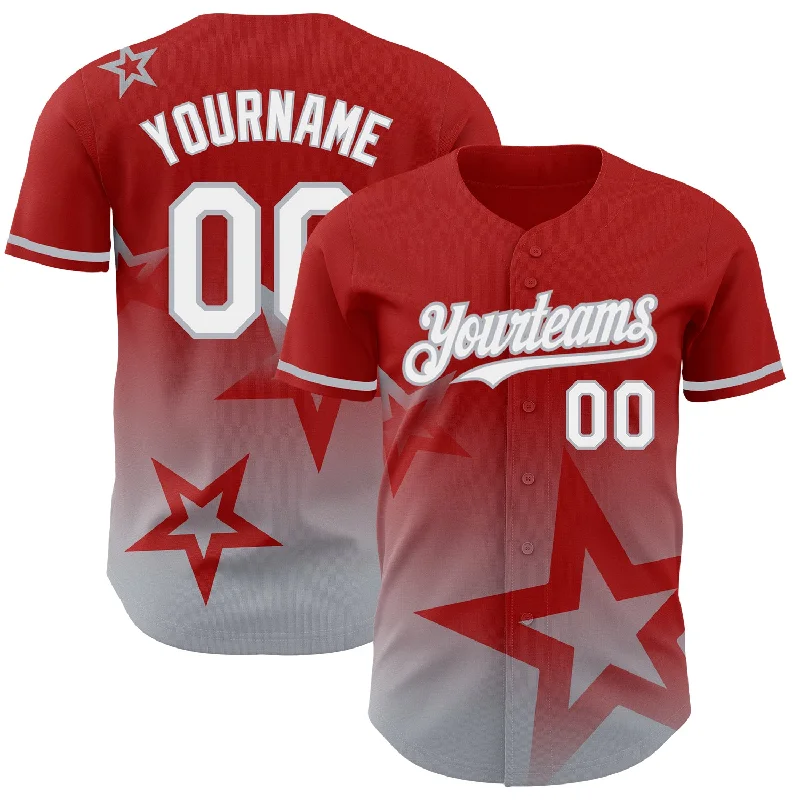 Baseball Jersey for Maximum Breathability and Comfort-Custom Red White-Gray 3D Pattern Design Gradient Style Twinkle Star Authentic Baseball Jersey