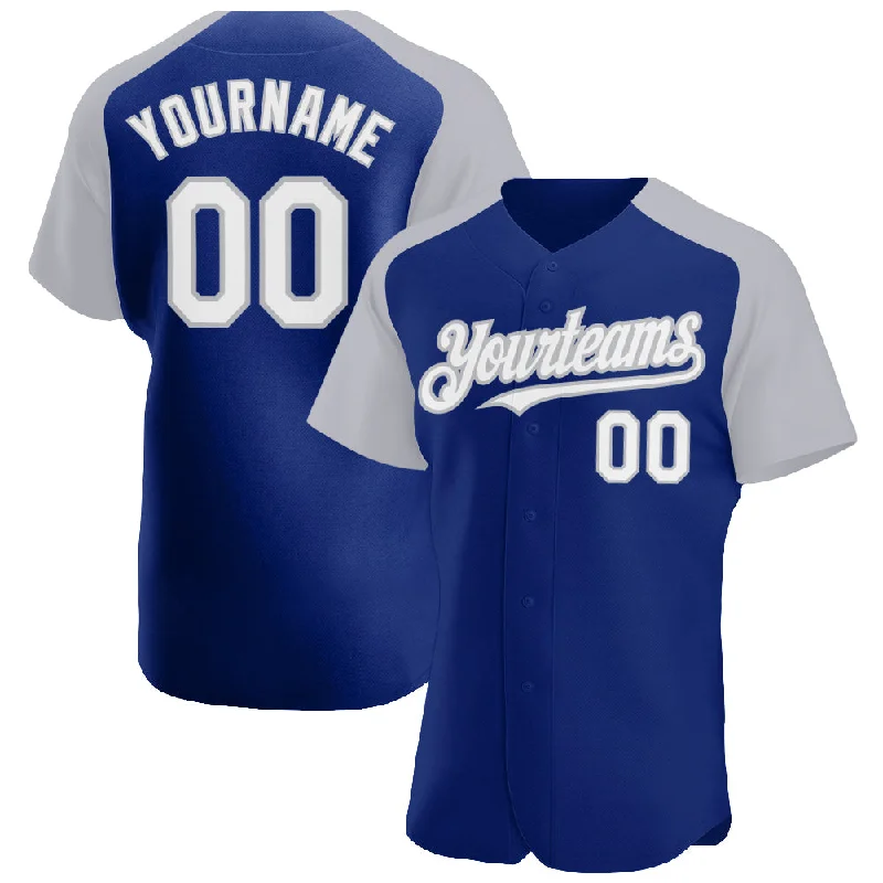 Baseball Jersey for Soft and Breathable Fit-Custom Royal White-Gray Authentic Raglan Sleeves Baseball Jersey