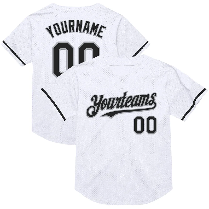 Baseball Jersey for Maximum Comfort in All Games-Custom White Black-Gray Mesh Authentic Throwback Baseball Jersey